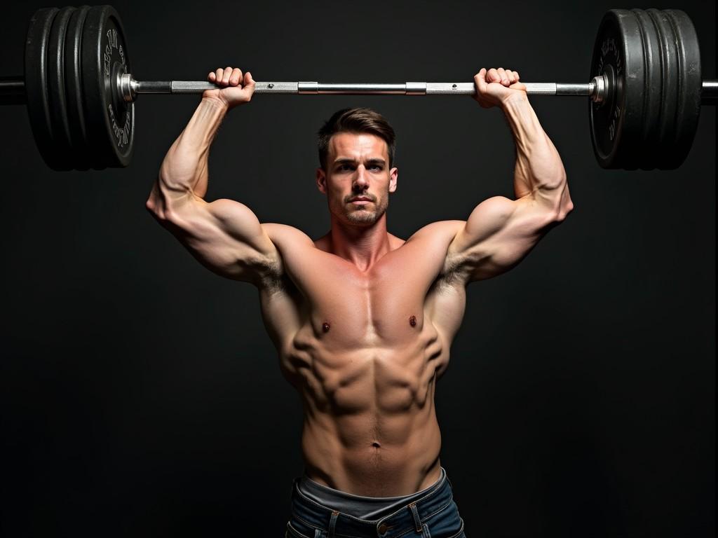 A muscular man confidently lifts a heavily-loaded barbell over his head, showcasing his impressive physique. The image emphasizes strength and fitness, with defined muscles accentuated by dramatic lighting. Against a dark background, the focus is clearly on the subject's form and concentration.