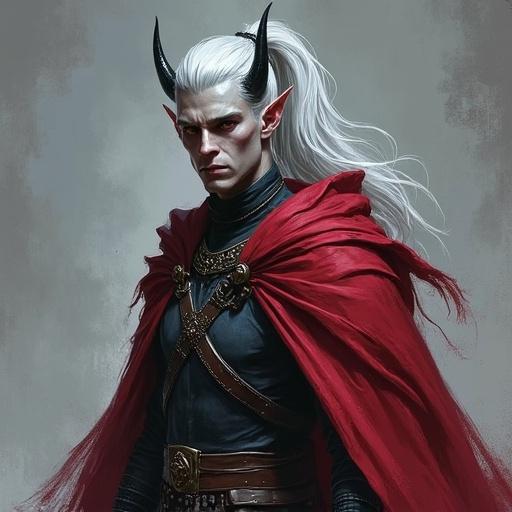 Tall male tiefling with ash-gray skin and amber eyes. Silver hair in a high ponytail and black horns. Dressed in chainmail with an ash-red cloak. Features expressive brush strokes and textured surfaces. Uses cinematic lighting with strong shadows.