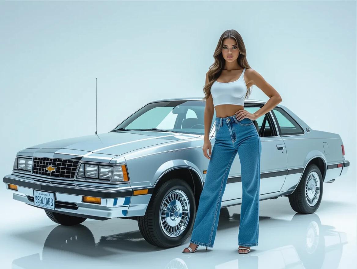 High-resolution studio shot of a classic Chevrolet Corsa. Car has glossy silver paint and chrome details. Clean white studio background. A stylish Brazilian brunette in 90s fashion stands confidently next to the car, looking at the camera.