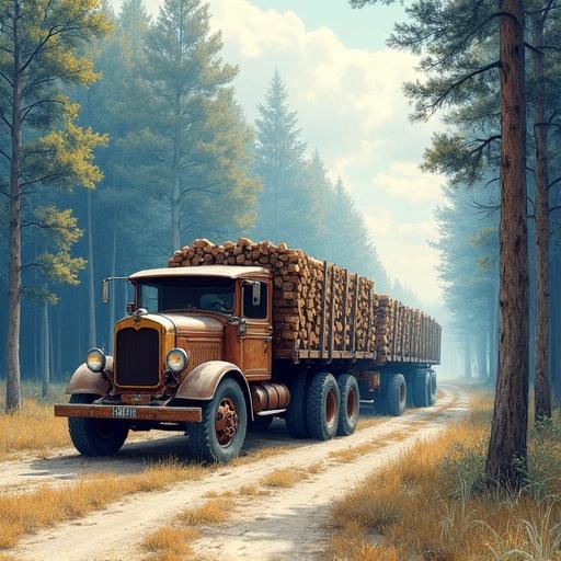 Old trailer with truck tires filled with wooden logs. Vintage tractor pulling the trailer. Set on a forest path. Soft realistic image with light blue pencil drawings outlining objects.