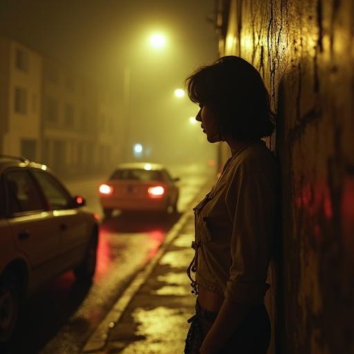 Dim haze in a foggy alley. A woman leans against a rusted fire escape. Breath visible in the cold air. Torn blouse clings damp to skin. Fingers trace edge of a frayed skirt. Nervous energy apparent. Streetlight casts long shadows on her face. Watchful as a car pulls up. Taillights bleed through mist. Hand brushes thigh, fingertips on hem of soiled underwear. The alley resonates with unspoken promises. Tension between desire and survival. Shot on vintage 35mm camera. Grainy texture with warm amber tones. Focus on upturned gaze and sheen of sweat on collarbone.