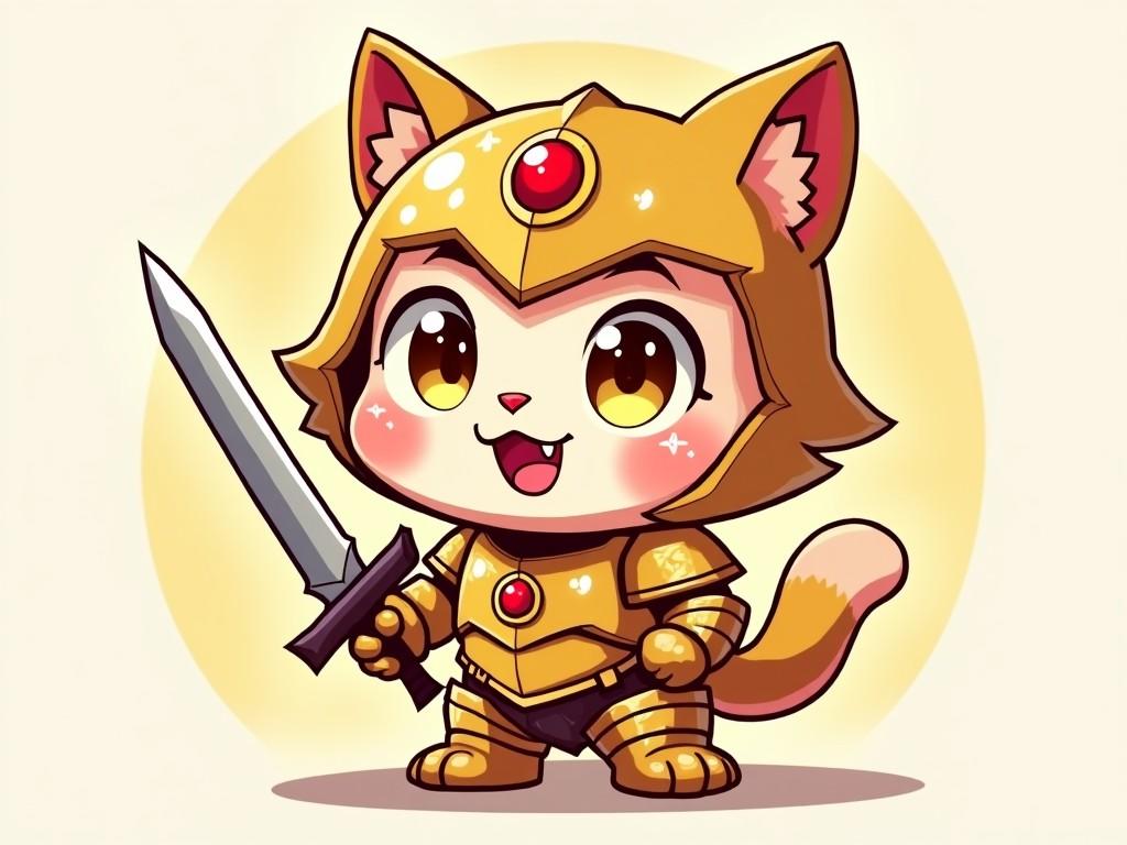 The image shows a cute cartoon character resembling a cat. The character is wearing a shiny golden armor with a red emblem in the center. It has large, expressive eyes that sparkle, with cheeks that appear to be blushing. Its mouth is open in a cheerful manner, showcasing small fangs. The character is holding a sword, adding to its adventurous look. The background is simple and bright, emphasizing the character's vibrant colors.