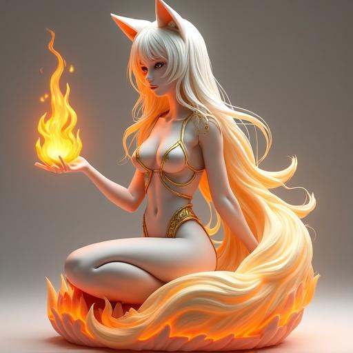 Female figure inspired by Ninetales. Majestic young woman with luminous skin and long white hair. Fox ears and elegant bodysuit with gold details. Nine tails like flames. Serene yet powerful expression. Sitting gracefully with hand raised, controlling floating flame. Base sculpted flames and volcanic stones.
