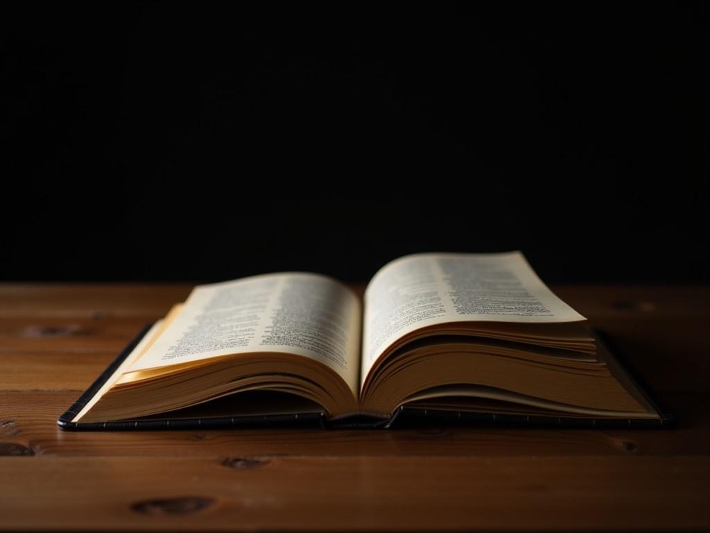 The image depicts an open book resting on a wooden table. The book is slightly tilted with its pages fanned out, showcasing a rich texture and golden edges. The background is dark, emphasizing the book and creating a contemplative atmosphere. Soft lighting highlights the curves of the pages and the warm tones of the wooden surface. This scene captures a moment of tranquility, inviting the viewer to contemplate the knowledge contained within the pages.