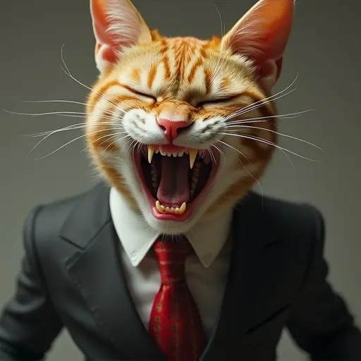 A semi-realistic cat dressed in a suit. Cat has its teeth gritted and appears frustrated with red cheeks. Cat shows a tensed expression.