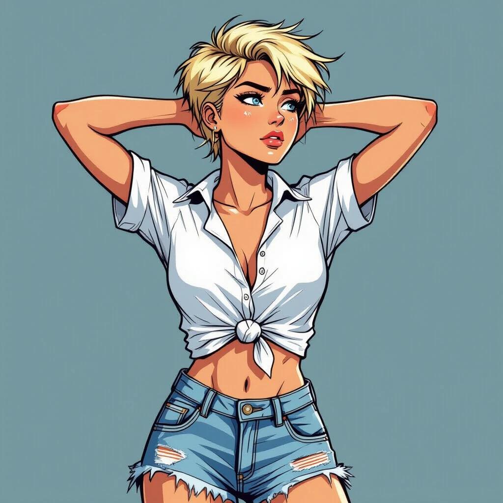 A 19-year-old woman seen from the side. Bright blue eyes. Messy crew cut and straw-blonde hair. Appears determined. Wears ripped and faded denim shorts. Wears a white stand-up collar shirt knotted at the front. Hands clasped behind her head. Shoulders hunched back. Image drawn in a semi-realistic comic style with bold contour lines.