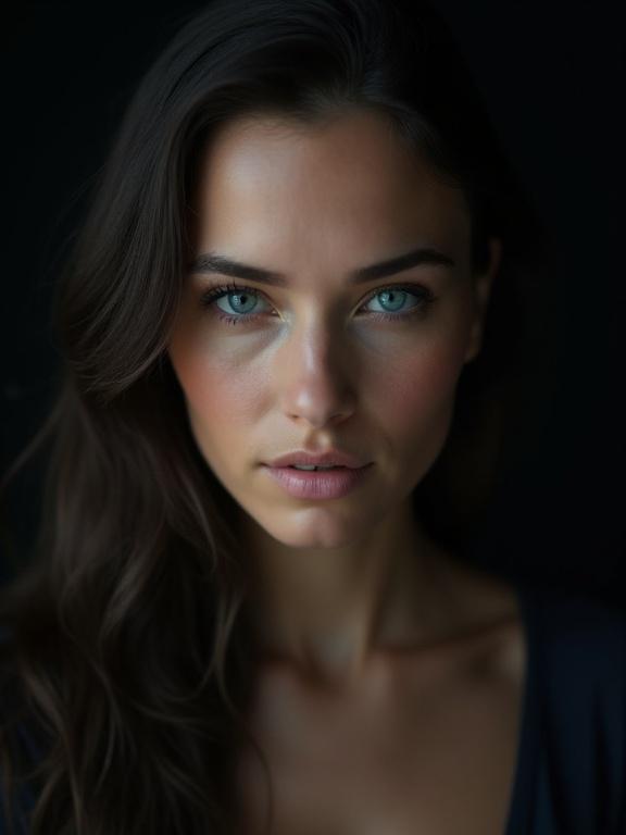 A portrait of a woman with captivating turquoise blue eyes darkly lit against a dark background