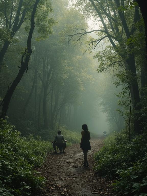 Photorealistic depiction of a modern day scene in a misty South American Amazon jungle featuring two people walking along a dirt path surrounded by dense vegetation. No mythical creatures present, only realistic portrayal of individuals in a natural setting.
