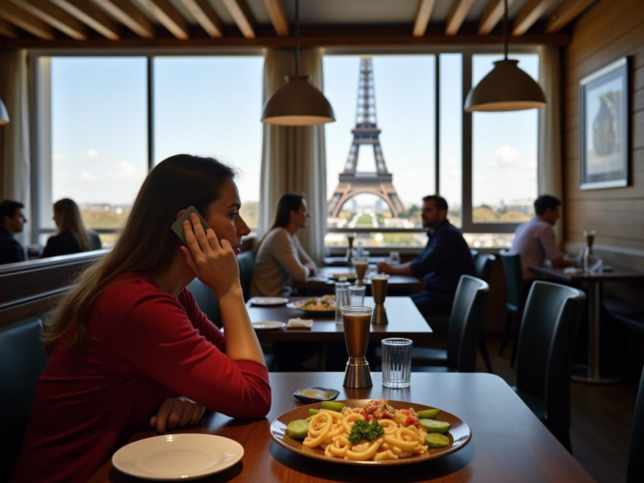 The scene shows a person sitting at a table in a restaurant, talking on the phone. The restaurant has a modern design with wooden beams and large windows. In front of the person is a platter with various food items, including what seems to be pasta and green dips. The restaurant has a cozy atmosphere, and there are other diners in the background. In the distance, the Eiffel Tower can be seen through the window, adding a beautiful view to the setting.