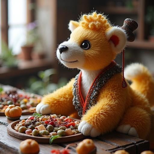 Teddy bear-like robot in a warm indoor setting. Surrounded by colorful snacks on a wooden table. Cheerful expression. Soft lighting enhances the cozy atmosphere. Detailed focus on the robot's features.