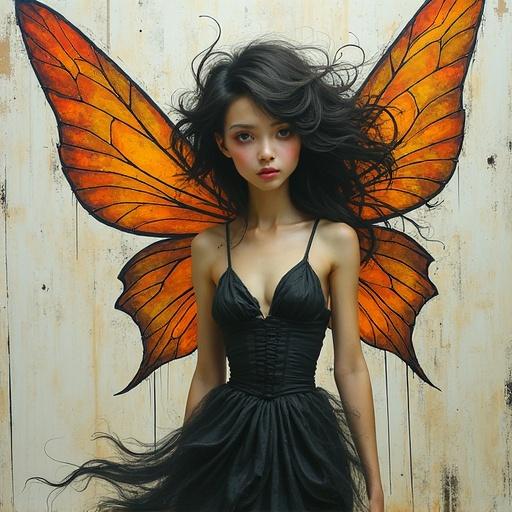 Surreal female fairy portrait with asymmetrical composition and exaggerated proportions. Features delicate wings resembling stained glass. Incorporates matte painterly textures and organic forms merged with geometric overlays. Displays urban undertones like graffiti and distressed textures. Emanates a dreamlike atmosphere with glowing elements and contrasting colors.