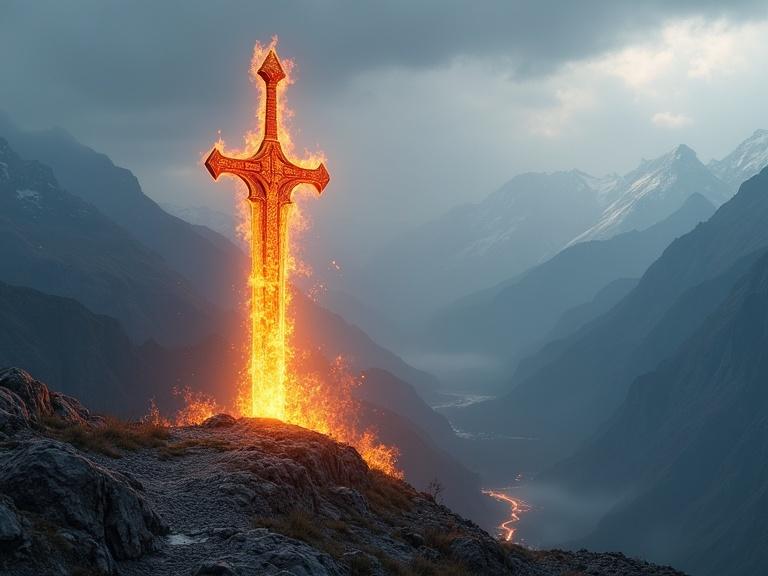 Flaming sword made of glass appears grounded in mountainous terrain. Sword handle flames brightly. Nearby ground glows from sword's light. Background features detailed mountains. Overcast sky creates a mystical ambiance.