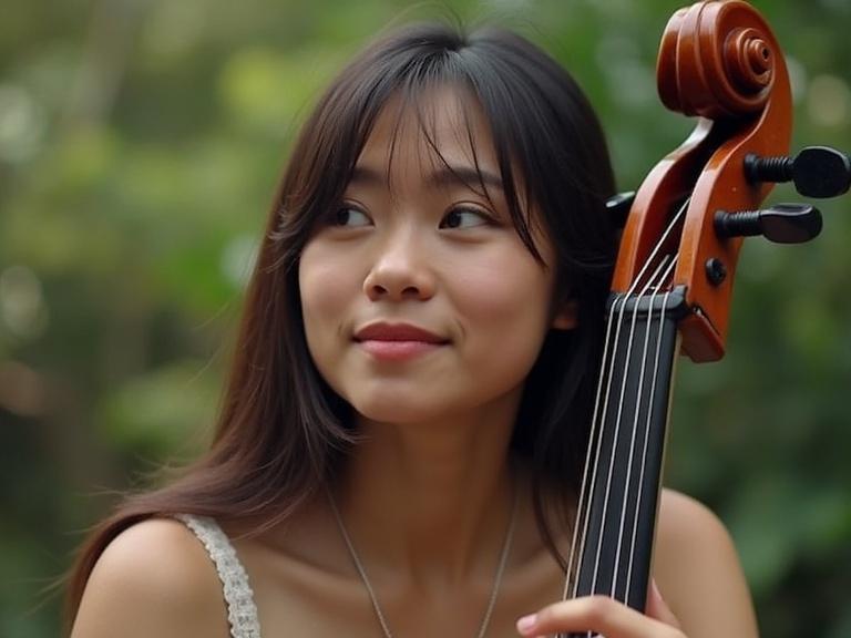 Beautiful woman plays cello outdoors. Natural background with blurred features. Cello made of wood. Soft light emphasizes calmness. Casual yet artistic setting.
