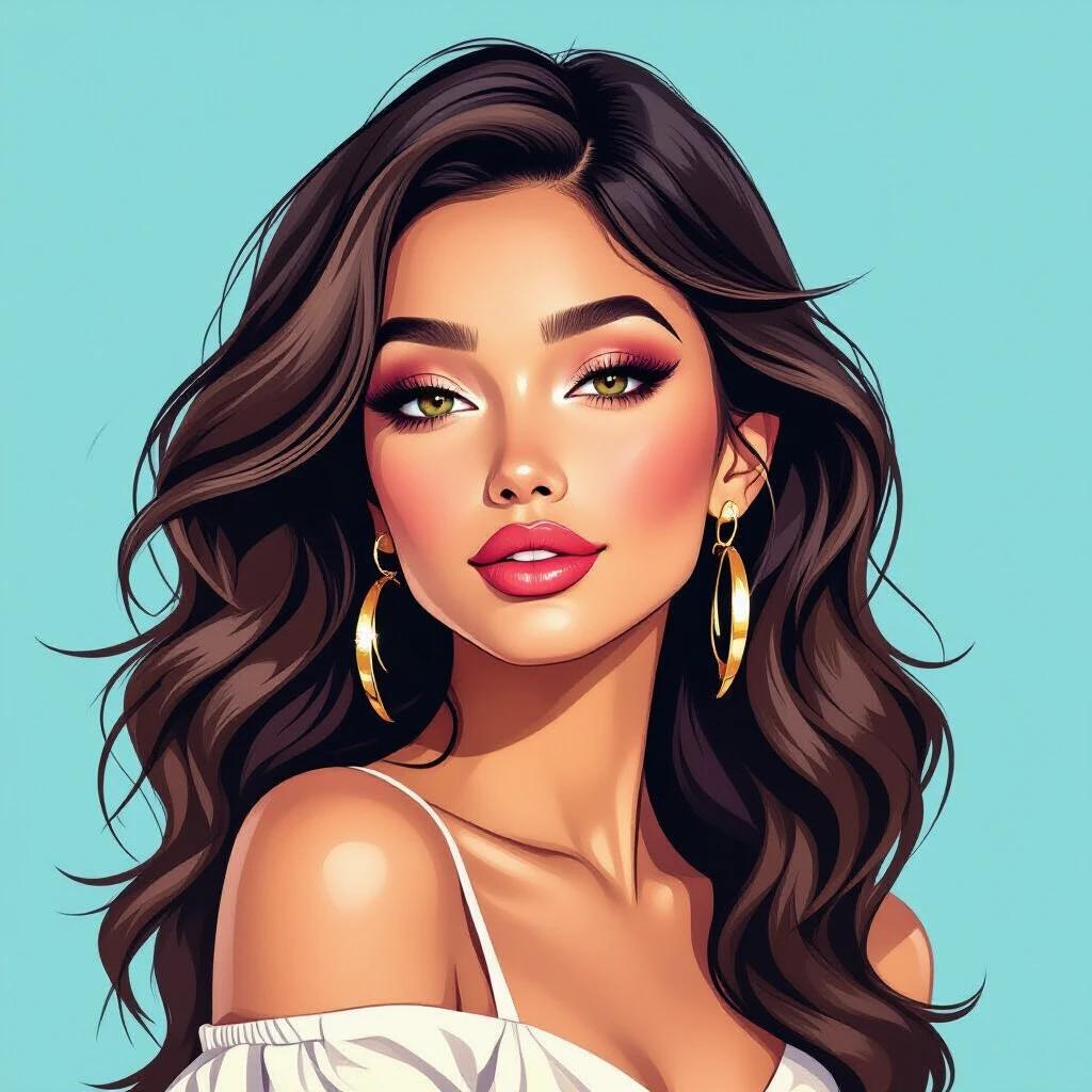 Portrait of a woman with captivating style. She has wavy hair. She wears stylish earrings. Background is a soft blue. Focus is on her hair and outfit. Illustration has a modern touch.