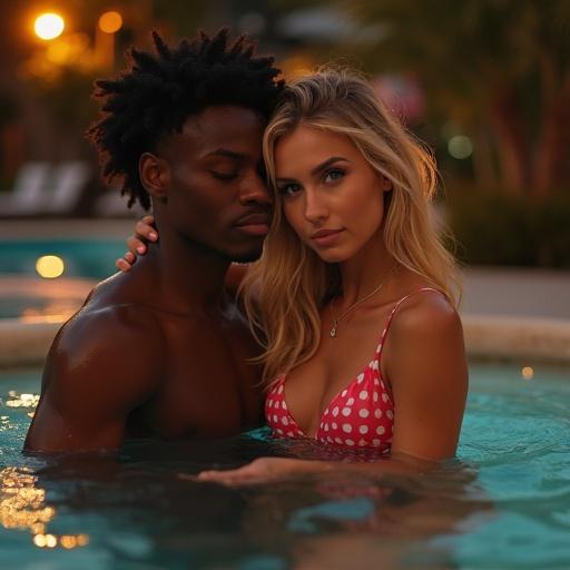 Close-up image of a couple in a hot tub pool at night. The woman has blonde hair and is wearing a swimsuit. The man has dark skin and natural hair. Soft lighting creates a romantic atmosphere.
