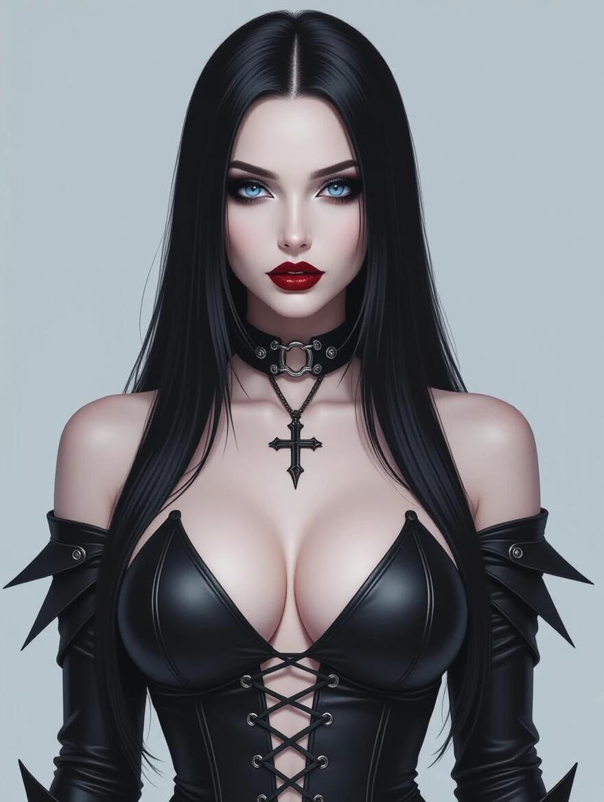 Goth woman stands tall. Long black hair falls straight. Blue eyes gleam. Large breasts. Pale skin shown. Scary goth makeup. Wearing a gothic superhero outfit.