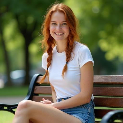 A young Irish woman sits on a bench in a sunny park. She has red braided hair and is wearing a white t-shirt with short blue jeans. She has blue almond eyes. She smiles slightly. The scene conveys a warm summer day.