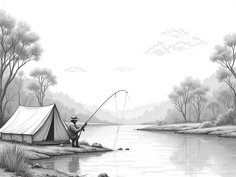 Hyper realistic image of a camping scene with a tent and a man fishing on the banks of a river in an Australian bush setting. Detailed trees in the background. Small clouds in the sky. High contrast black and white for laser engraving.