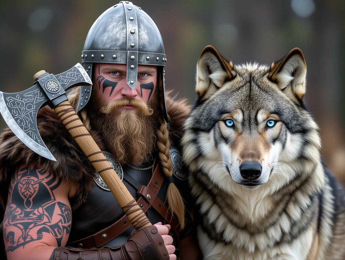 A Viking warrior stands beside a large Siberian wolf. Warrior has a tattooed face, gray eyes, helmet, and holds a war axe. The wolf has blue eyes and stands at shoulder height.