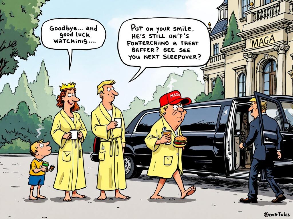 A king and queen stand in yellow bathrobes with crowns. They hold steaming mugs of coffee. The queen says to the king to smile as a cartoonish political figure approaches a limo. He holds a hamburger, toothbrush, and coffee. An agent opens the limo door. A woman watches from the palace window. A road sign shows 'Back to Reality'.