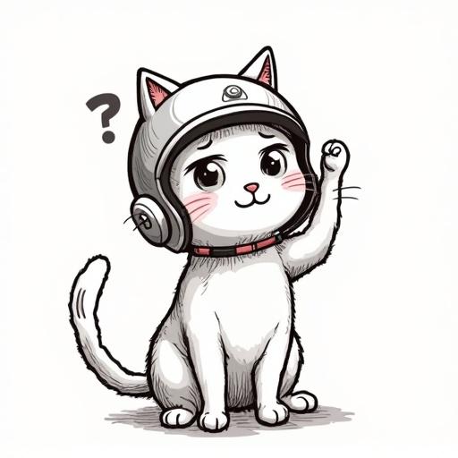 Cartoon cat wearing a helmet. Cat is confused, scratching head with a paw. Slouched posture. Awkward and uncertain expression. Simple line art, messy sketch feel. Stamp-style framing. White background.