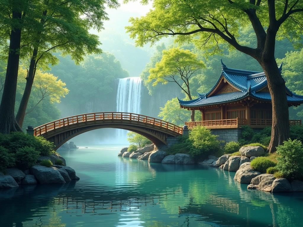 The landscape is serene and picturesque, showcasing a beautiful natural setting. In the foreground, there is a wooden bridge that arches gracefully over a calm body of water. On the right, a traditional Asian-style building with distinctive blue roofs is nestled among lush trees. A waterfall can be seen in the background, cascading down into the water below. Tall trees provide a rich green canopy that adds depth to the scene. Sunlight filters through the foliage, creating dappled light on the water's surface. The entire atmosphere is tranquil and inviting, making it an ideal spot for relaxation.