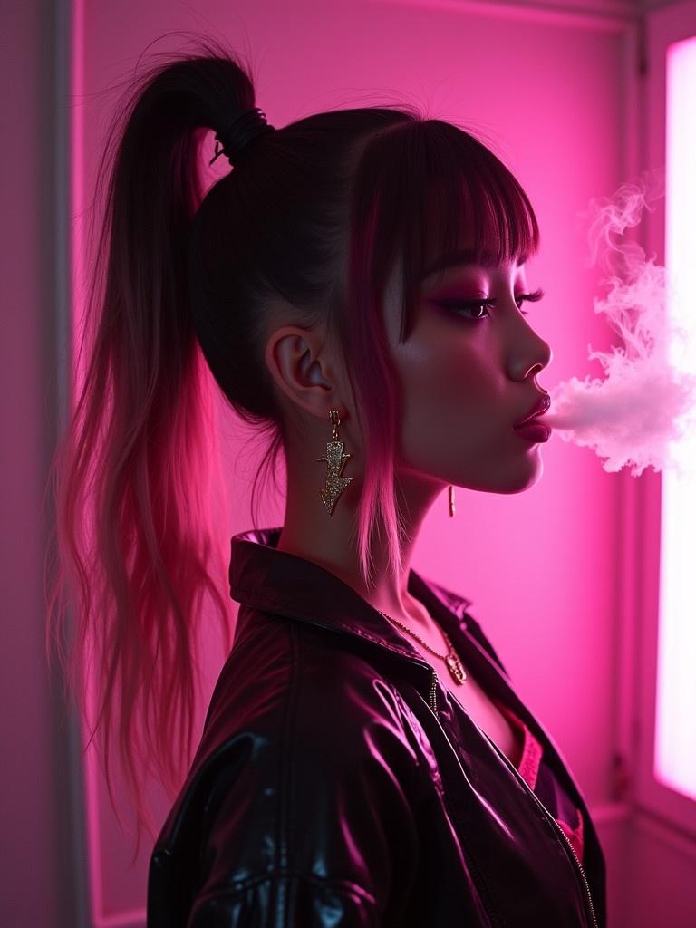 Girl with pink and black hair exhaling smoke. Flashing pink light in the background. Wearing black and pink outfit. Lip gloss with pink and black tones. High-quality image.