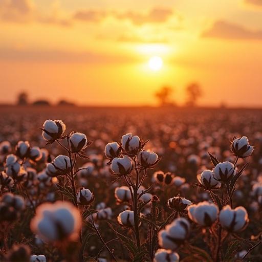 This image showcases a vibrant Indian cotton field during golden hour.