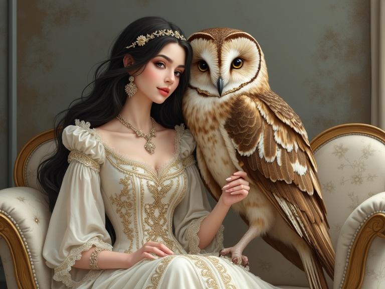 An elegant Middle Eastern woman with porcelain skin and large expressive eyes sits on a vintage sofa in a Victorian parlor. She wears ornate clothing with lace trim and gold embroidery. Beside her is a majestic owl, its feathers detailed in browns and white. The owl's amber eyes convey wisdom, and the setting holds a dreamy quality.