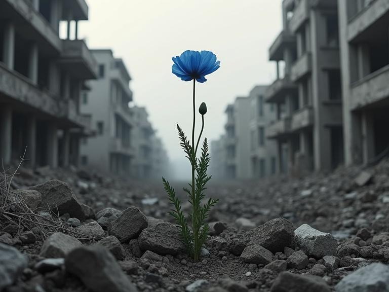 A blue Himalayan poppy stands alone in a war torn abandoned city. The scene has a black-and-white film background. The flower is the only color in the image. There are ruins of buildings in a desolate landscape. The atmosphere is ethereal and dramatic. Shot in cinematic style with film grain and post-processing.