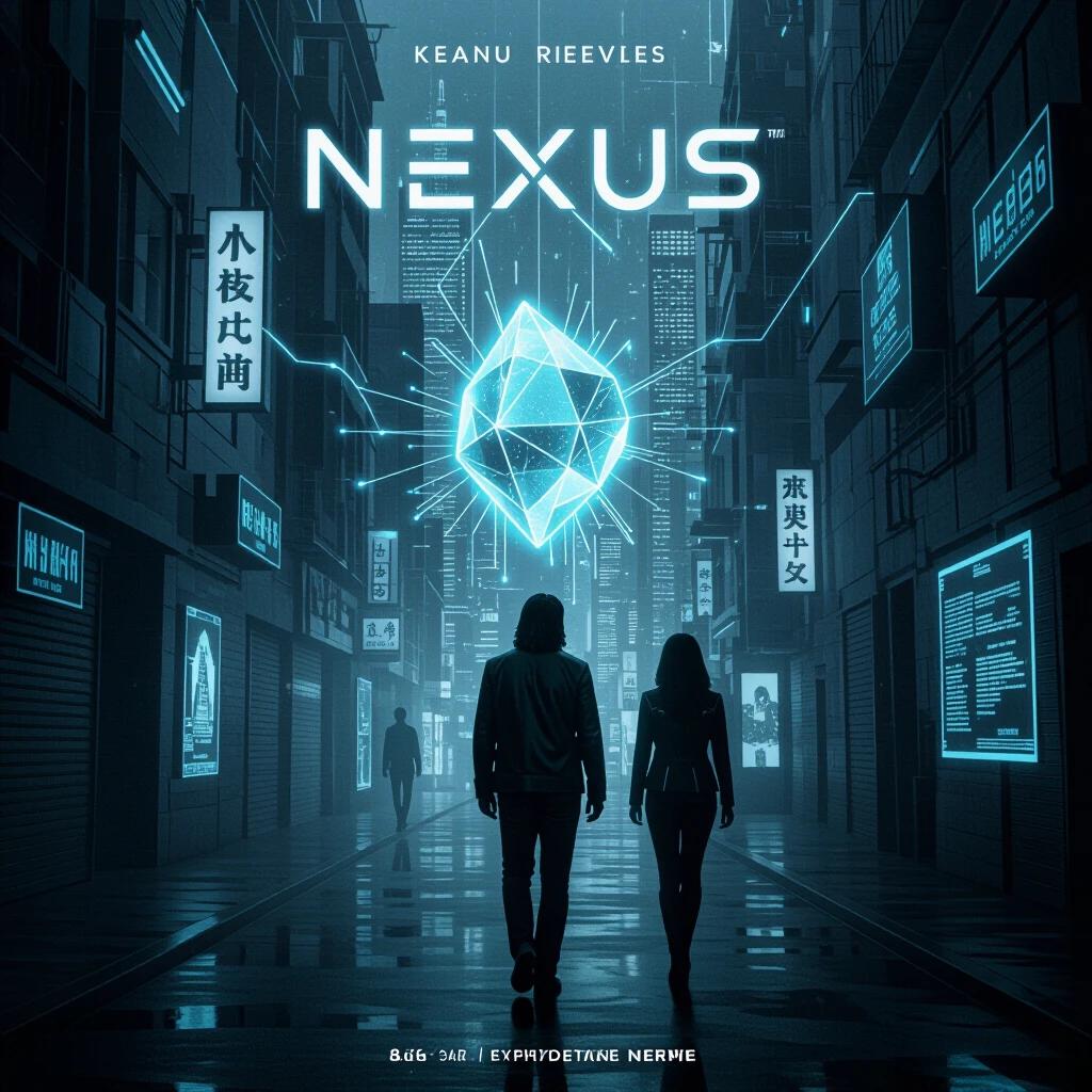 Movie poster for NEXUS SHADE featuring Keanu Reeves and Priyanka Chopra Jonas. Agents discover psychic firewall in a digital alley. Surveillance dominated cityscape with neon lighting and a floating crystal structure.
