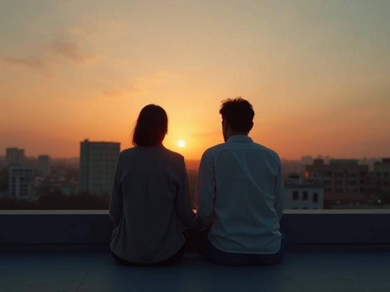 A couple is sitting on a rooftop at sunset. They look at the sky. The lighting is warm and cinematic. The colors are soft orange and blue. The scene feels romantic and melancholic. The composition is wide, creating a poetic atmosphere with a soft focus and minimal urban background.