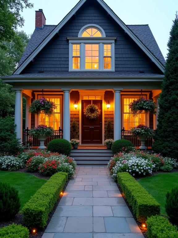 A two-story house with gray wood shingle siding is elegantly illuminated. The porch supported by white columns features a brown door with a decorative wreath. Colorful hanging flower baskets and vibrant flower beds decorate the entrance. A curving stone walkway leads to the steps. Green lawns and hedges frame the house with warm lights enhancing the scene. Foliage adds depth, creating tranquility in the image.