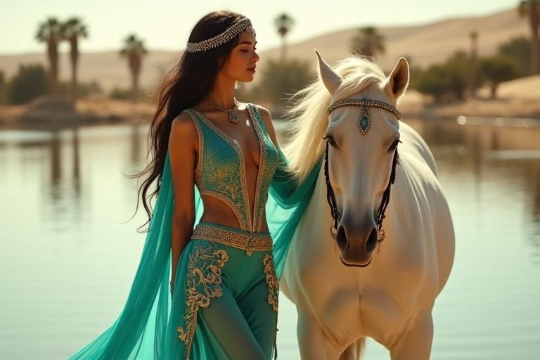 Beside a desert lake, an Arabian princess gracefully dismounts from a white horse. She wears a stunning turquoise outfit with gold embroidery. The scene captures her elegance as she leans to the side, with flowing sheer pants and ornate details. The white horse stands patiently, and palm trees sway in the background, reflecting a serene atmosphere.