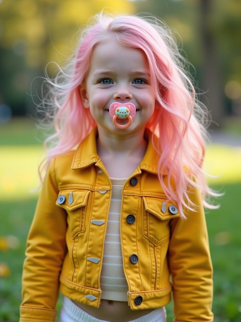 Seven year old girl with long pink hair and emerald green eyes. Wearing a yellow denim jacket and diapers. Smiling in the park. Pacifier in her mouth with parents