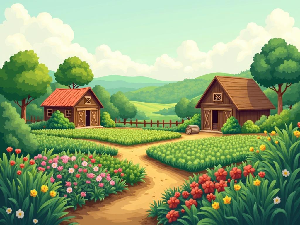 Illustration of a scenic farm employing sustainable agricultural methods. Displays healthy crops and diverse plant life amid a vibrant landscape. Features two farmhouses flanking a winding path surrounded by colorful flowers.