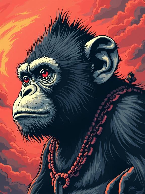Surreal humanoid monkey warrior in creative vector illustration. Designed for T-shirt use.