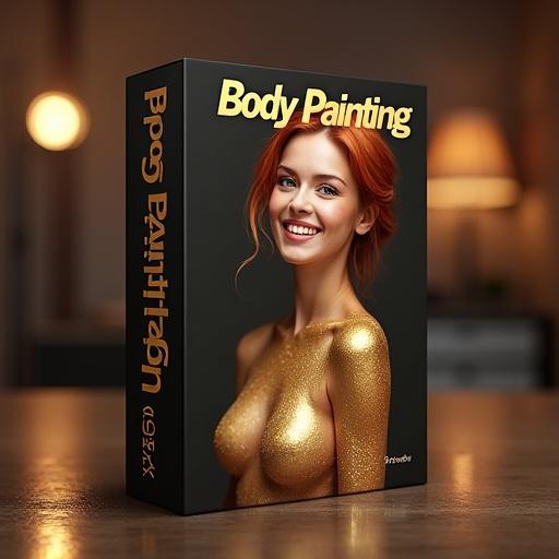 Product box displays body painting theme Gold. Focus on the figure with gold-painted skin and vibrant red hair. Bright blue eyes catching the light. Inviting warm background with soft lighting. Title prominently features the words Body Painting and details for HD pack.