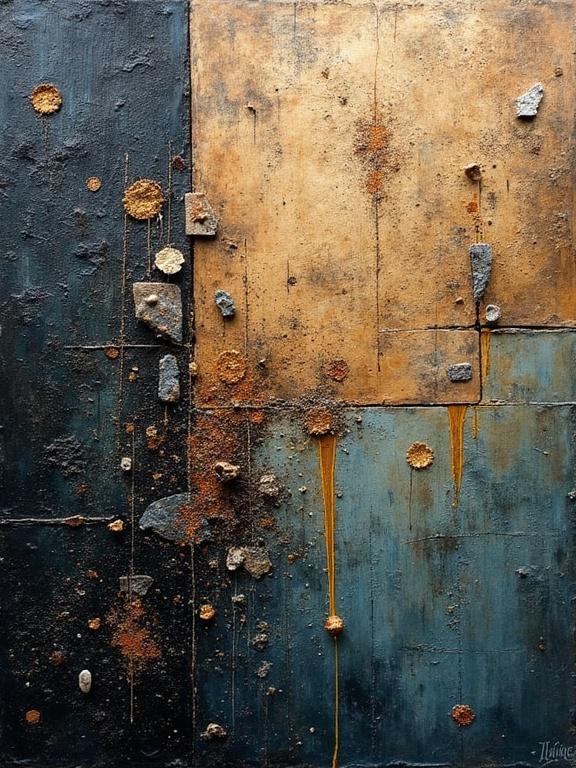 Oil painting showcasing texture play with mixed media elements. Various structures including newspaper jute fibres wood sand confetti origami. Features scratches drops and tears. Dark color palette. Multilayered artwork creating depth and surface feel. Beautiful composition.