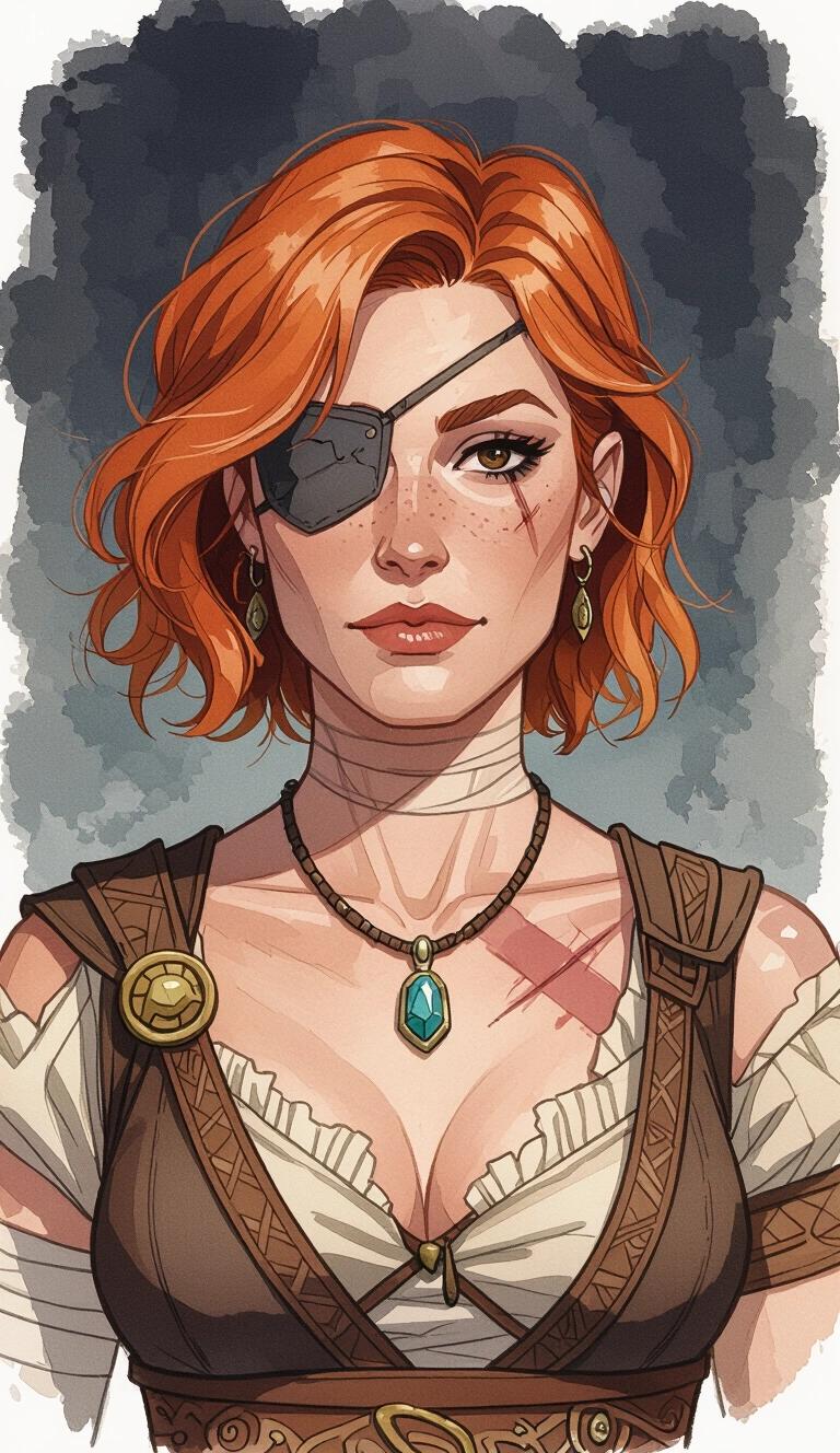 Dark watercolor illustration. Middle aged female with short strawberry blonde hair styled in beach waves. Brown eyes. One eye covered with a patch. Scar on chin and neck. Bandages around chest. Ugly necklace featuring a single stone. Dressed in ancient Greek-style clothing. Full body portrait for Dungeons & Dragons. Candid natural appearance. Portrayed as a fighter.