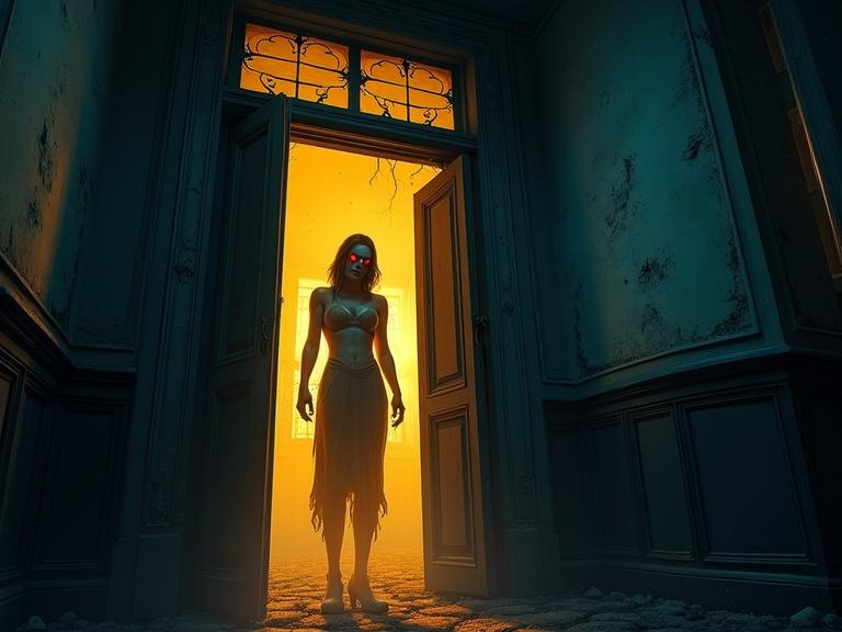 Horror concept art with a first-person perspective inside a decaying Victorian house. A broken door opens to reveal dramatic golden light. There is a stark contrast between the warm exterior and the cold shadows inside. A mysterious female figure stands in the doorway with an alluring pose but a monstrous face, featuring glowing red eyes, an elongated jaw, and sharp teeth. The scene includes floating dust particles, peeling wallpaper with mold patterns, and atmospheric depth, designed in a matte painting style for a video game environment.