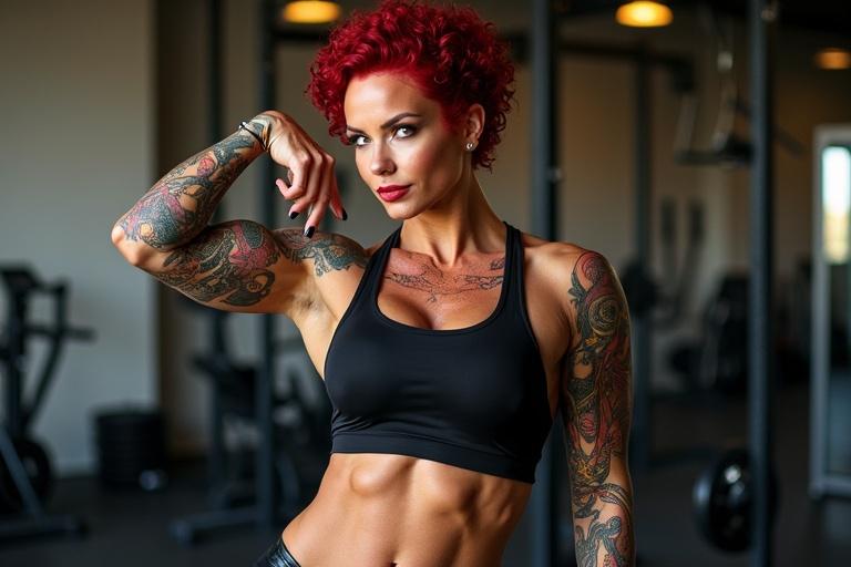 A fitness magazine cover featuring a muscular woman with short curly red hair showing intricate tattoos in a gym setting. She wears a black training tank top and tight leather shorts. Confident pose with soft lighting highlighting a toned build and vibrant energy. Magazine layout with bold text.