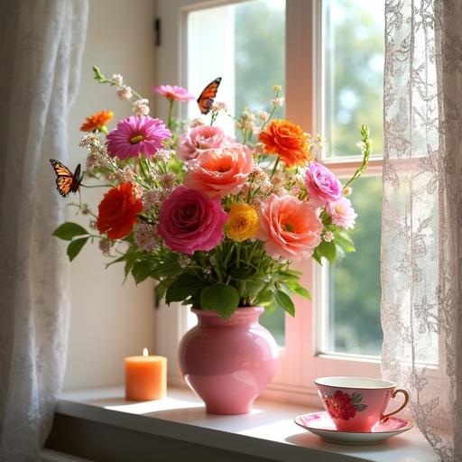Colorful floral arrangement in pink vase on a window sill with sunlight. Open window. Butterflies flying. White lace curtains. Candle beside vase and rose printed tea cup on other side.