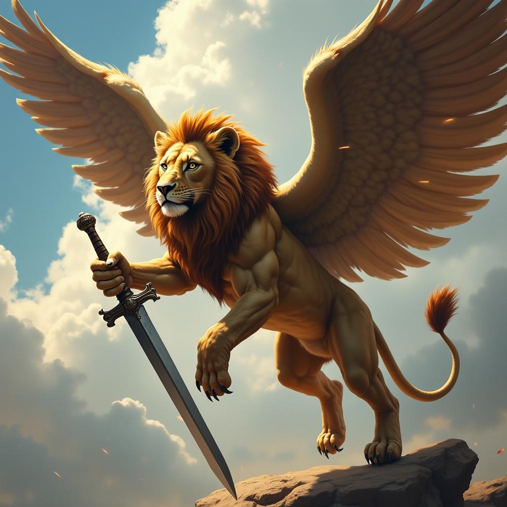 The image showcases a powerful lion flying majestically. This lion has magnificent wings that expand from its back, symbolizing strength and freedom. In its hands, it holds a large sword, showcasing its readiness for battle. The muscular physique of the lion emphasizes its warrior nature, and the detailed fur adds to the realism. The background features a dramatic sky, enhancing the overall epic feel of the scene. This artwork blends elements of mythology and fantasy in a striking manner.