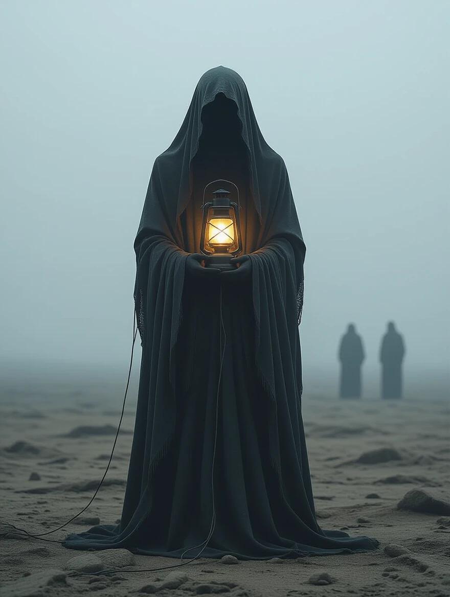 Shrouded figure stands in desolate landscape. Robes tattered, holding glowing lantern. Mechanisms and veins visible from light. Mid-shot with slight tilt. Lantern creates soft backlight in gloomy atmosphere. Fog covers barren earth, distant figures appear vague. Textured fabric and surreal body modification highlighted.