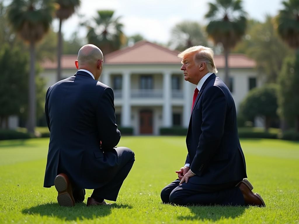 A scene depicting two men on a lawn. One man kneels in front of the other. The setting is a grand house in the background with palm trees. It is a sunny day.