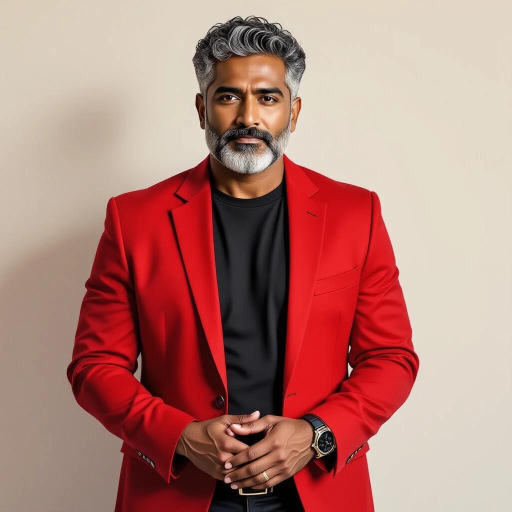 Captivating oil painting of Indian man with dark skin tone wearing red blazer and black t-shirt with hands clasped standing slightly turned. He has short curly gray hair, full beard, serious expression, warm lighting, plain background.