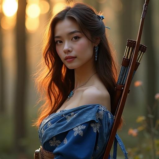 Woman inspired by a fantasy scout named Clarisse. Shoulder-length glossy chestnut brown wavy hair. Elegant kanzashi hairpin. Intelligent hazel eyes and gentle smile. Smooth porcelain-like skin glows softly under dawn lighting. Wears luxurious off-shoulder outfit blending European and Japanese elements. Deep indigo and white silk fabric embroidered with silver designs. High-slit skirt allows graceful movement. Refined obi-style sash highlights slim waist and figure. Delicate jewelry with lapis lazuli pendant. Leather archery glove on right hand. Shoulder guard with silver inlays. Finely crafted European-style longbow slung on back. Softly lit forest at dawn with mist and bokeh lights.
