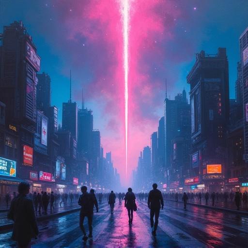 Blurry oil painting depicting a dystopian cyberpunk city at night. V-shaped skyline with futuristic figures crossing the street in the foreground. Meteor descending from space above with a radiant beam of energy. Moody atmosphere with vaporwave colors and cinematic lighting.