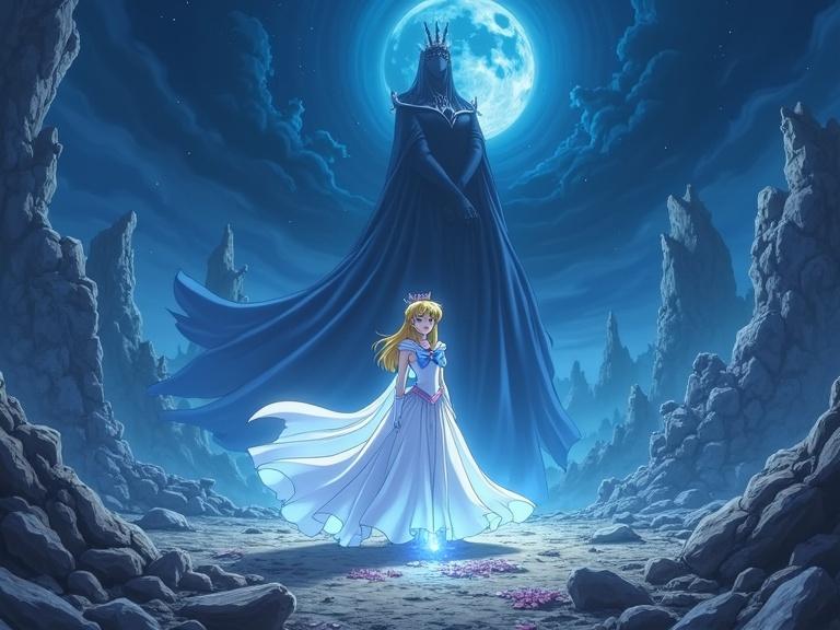 Epic anime-style scene showcasing Princess Serenity in a desolate battlefield. She wears a glowing white gown with a cracked tiara. Her eyes exhibit determination and sorrow. Surrounding are remnants of the Moon Kingdom under moonlight shadows. Queen Beryl stands menacingly in the background with dark energy. Tuxedo Mask lies unconscious with Silver Crystal petals floating. Crystal glows with pure light. The artwork displays dramatic lighting, high contrast, and dynamic composition.